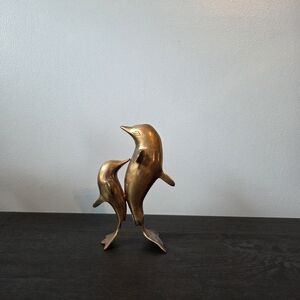 Brass Chic Gold Dolphin Duo Sculpture. Mom and Baby.